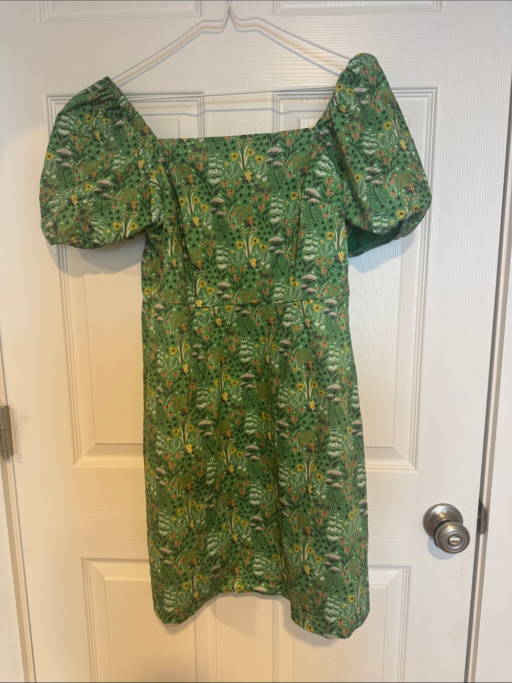 Boden Green Floral Square-Neck Mini Dress with Puff Sleeves